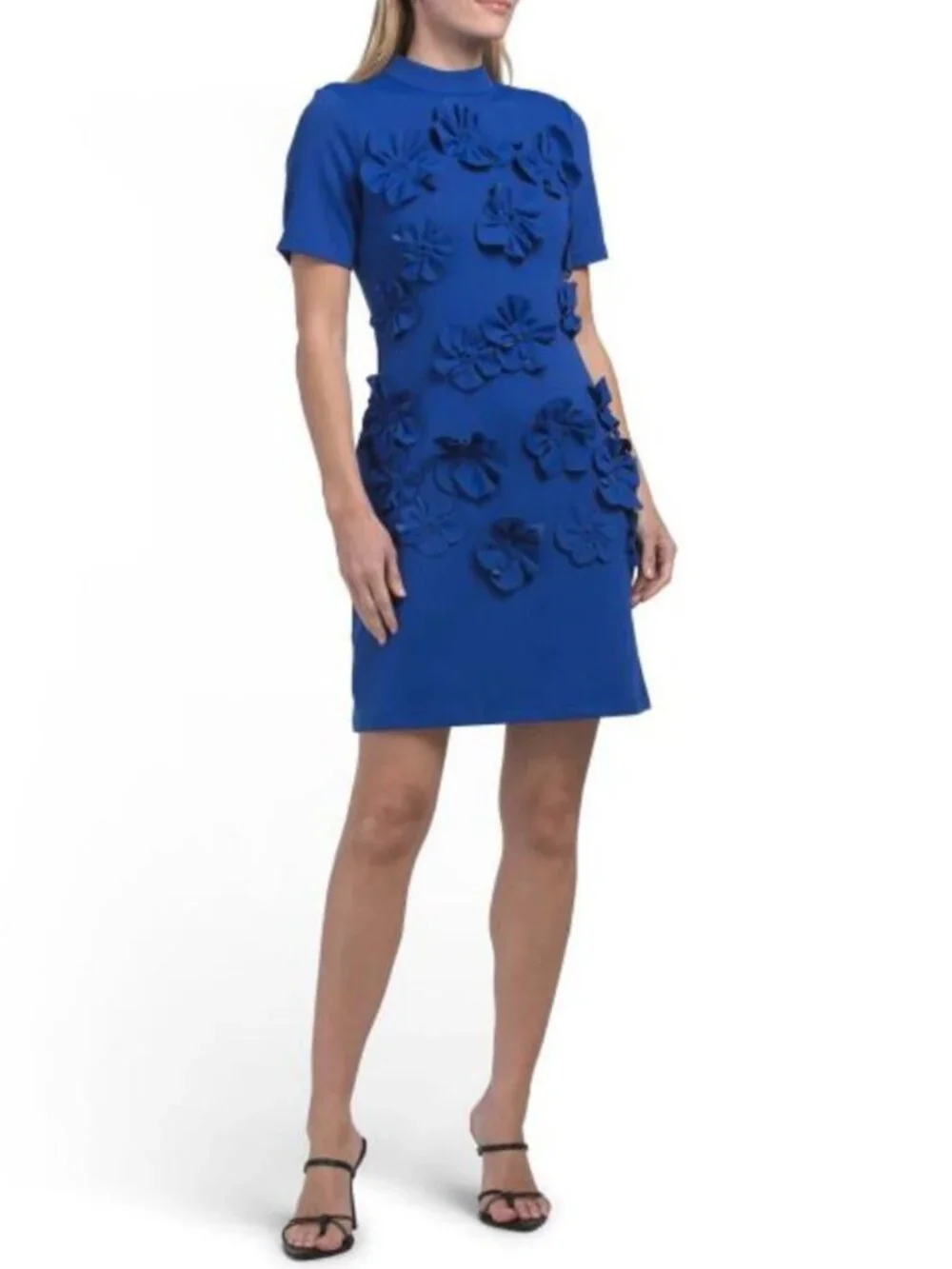DALIA MACPHEE Short Sleeve 3d Floral Mock Neck Mini Dress - Picture 1 of 4